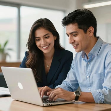 Two people in an office environment in Northampton looking at a laptop screen together, smiling, warm daylight, professional and supportive atmosphere.