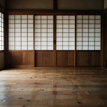 Empty wooden-floored dojo with soft natural light filtering through shoji screens, minimalist Japanese photography, deep shadows, 50mm