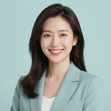 A portrait of a smiling woman in her 30s with a kind and empathetic expression, wearing professional yet soft clothing in a bright studio. Soft lighting with brand palette #8FBBA6 accents.