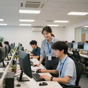 Interior of a modern education hub with air conditioning, clean rows of computers, and friendly staff assisting a student, bright lighting.