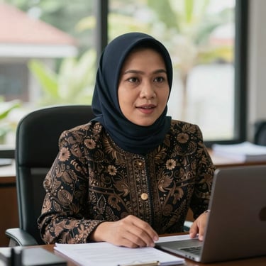 Portrait of a female mentor in Yogyakarta, sitting at a desk with research papers, professional and encouraging expression, natural daylight.