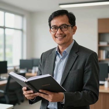 Portrait of a male academic researcher in Yogyakarta, holding a research journal, smiling, modern clean office study background, soft natural daylight.