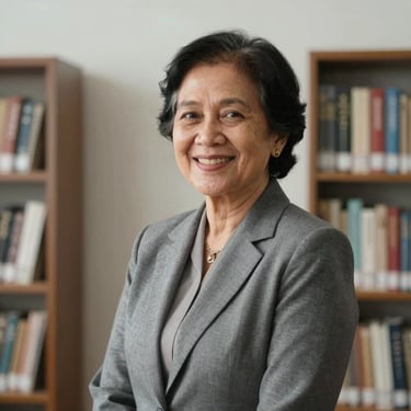 Portrait of a female senior academic mentor in Yogyakarta, smiling confidently, dressed in professional business attire, clean library background, soft natural lighting.