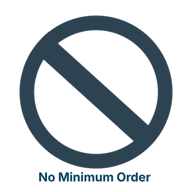 Blue prohibited symbol with No Minimum Order text representing flexible orders for temporary tattoos