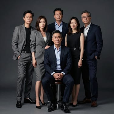 An editorial group portrait of five people arranged at varying heights and angles, sophisticated styling, directional studio lighting, dark background.