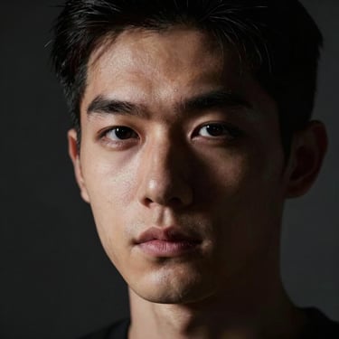 Close-up portrait under dramatic Rembrandt lighting, soft key light on one side of the face, deep shadow on the other, high-contrast studio style.