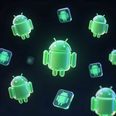 Sleek 3D render of glassmorphic Android app icons floating in a dark vacuum, neon green glow, high-contrast shadows, isometric angle