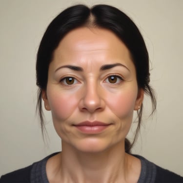 Portrait of a smiling woman in a cozy living room setting.