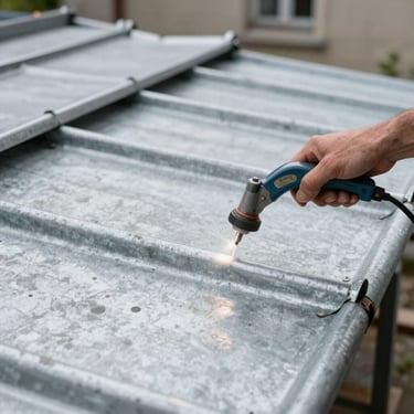 Gros plan d'un artisan couvreur utilisant un fer à souder sur une gouttière en zinc traditionnelle, étincelle vive et précise, lumière naturelle diffuse de Seine-et-Marne.