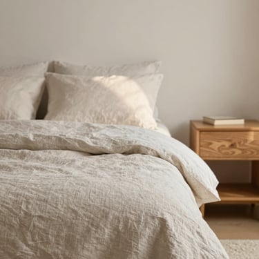 Straight-on detail shot of a styled bedroom, rumpled neutral linen sheets, soft oak bedside table, warm diffused morning light, shallow depth of field.