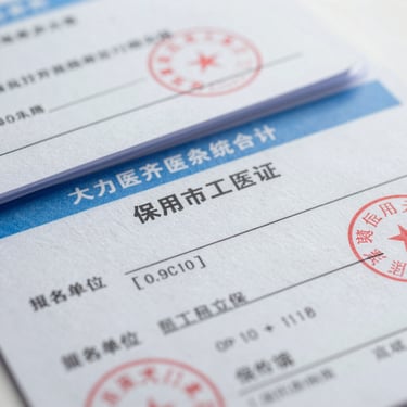 Macro detail of official medical credentialing documents and verification seals under bright, neutral daylight, high clarity, institutional setting.