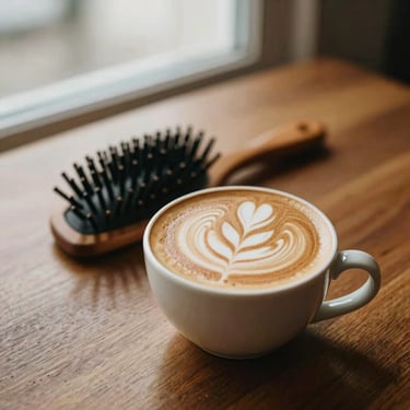 A warm editorial photograph of a close-up of latte art next to an elegant hair brush on a polished wooden table, soft natural window light, rich cream and coffee tones, shallow depth of field, 35mm