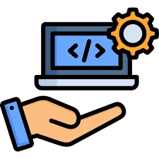 A hand holding a laptop with a code symbol and gear icon, representing software development services.