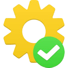 Yellow gear icon with a green checkmark symbol indicating system settings optimization.
