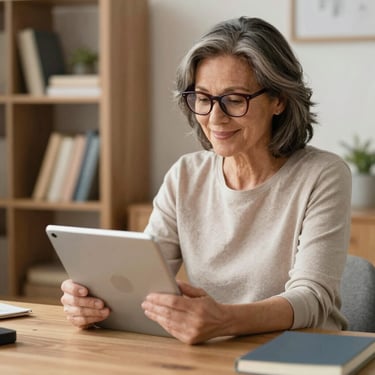 A warm, inviting photo of a mature woman smiling while reading financial advice on her tablet at home.