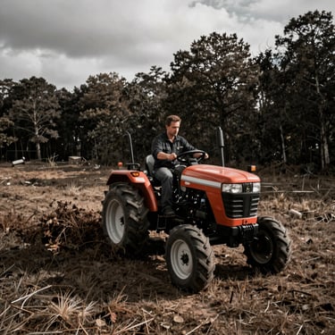A male creator operating a compact utility tractor to clear brush on a wooded homestead, overcast sky, long shadows, rugged 35mm photography
