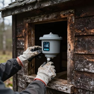 Hands in heavy work gloves installing a smart water filtration system inside a rustic timber pump-house, moody natural light, sharp focus