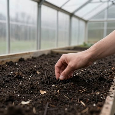 Close-up of hands planting heirloom seeds in a modern cedar greenhouse, soft morning light filtering through polycarbonate panels