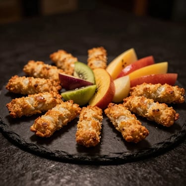 Gourmet fast food platter with golden-brown finger foods and fresh sliced exotic fruits, beautifully styled on a dark slate plate, moody warm lighting, shallow depth of field.