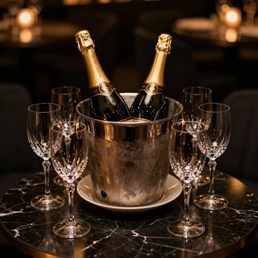 A luxury champagne bucket with a chilled bottle, surrounded by elegant crystal flutes on a black marble table, warm golden ambient light, exclusive VIP club setting.