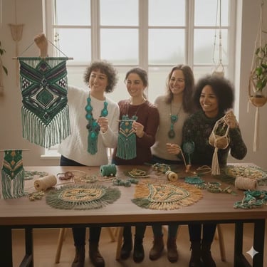 taller de macrame en el que se muestran piezas realizadas ahi mismo 