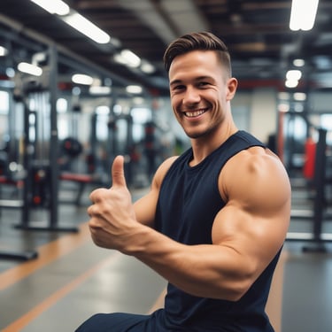 A smiling young man holding a gym tote bag with fitness-themed prints, standing in a bright gym setting.