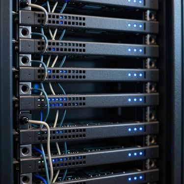 Extreme macro shot of cleanly organized server rack wiring, dark charcoal background, subtle blue LED indicator glows, high-tech precision.