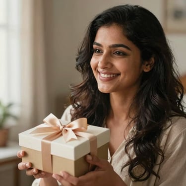 A warm, natural light lifestyle photo of a beautiful smiling South Asian woman holding an elegant handcrafted gift box with a satin ribbon, radiating genuine happiness.