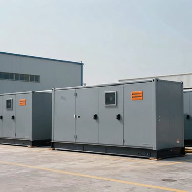 Wide environmental shot of a row of massive containerized diesel generator units installed outside an industrial facility, cool daylight, steel gray tones.