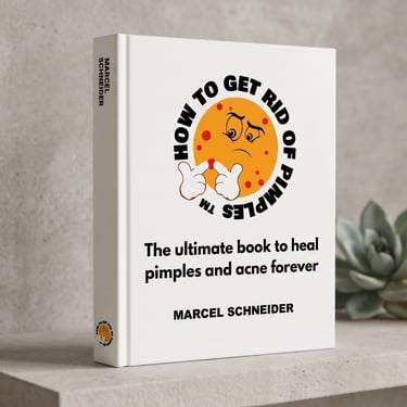 A hardcover book titled How to Get Rid of Pimples by Marcel Schneider on a stone shelf next to a plant.
