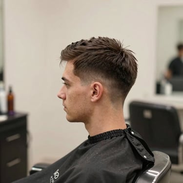 A man with a clean modern haircut in a styling chair, soft indoor ambient light