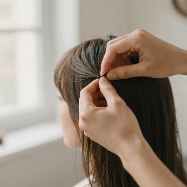 Close-up of styling hands working on a woman's haircut, soft natural daylight, warm neutral tones