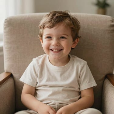 A happy child sitting patiently in a warm salon chair, warm daylight, authentic smile