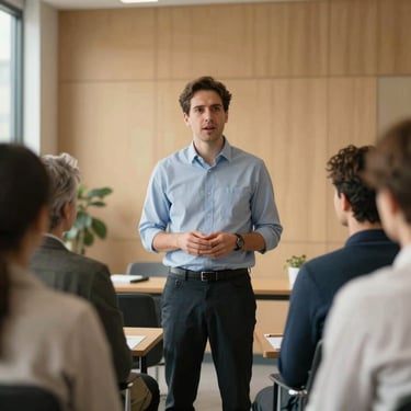A professional facilitator speaking gently to a small group in a modern, warm-toned meeting room, natural light, authentic expressions.