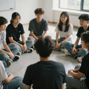 A group of young people sitting in a circle during a workshop, natural daylight, unposed and authentic interaction, soft focus background.