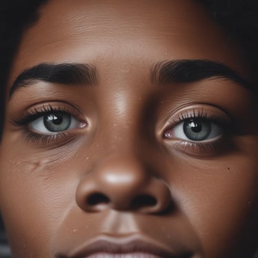 A close-up portrait of Ayo, a happy client glowing with flawless makeup by Sandra Fenty.