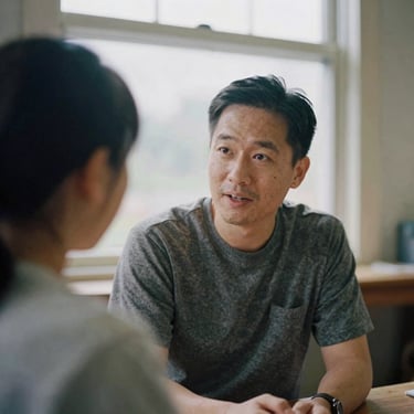 Candid medium portrait of a male mentor speaking with a student, soft natural window light, muted tones, warm documentary photography, 35mm film grain