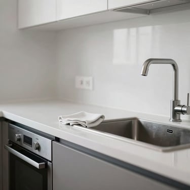 Spotless modern kitchen counter and stainless steel sink after residential house cleaning in Windsor