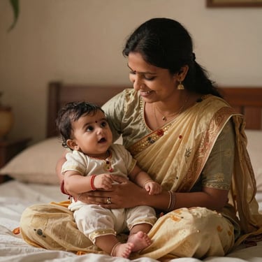 A smiling mother gently tucking her baby into a beautifully crafted wooden baby bed.