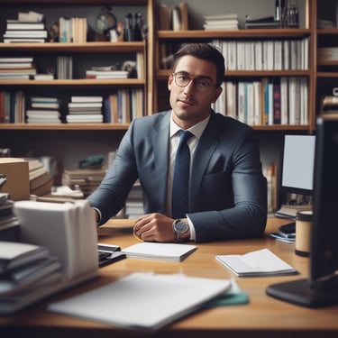 Man in casual business attire working on a laptop with futuristic digital graphics overlay.