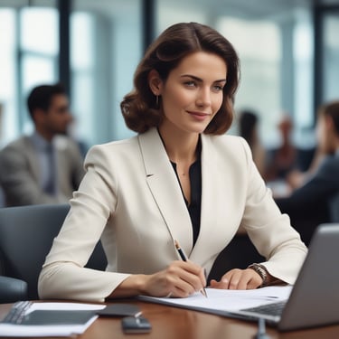 Portrait of a smiling businesswoman in her 30s in office setting.