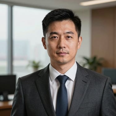 Professional headshot of a male associate lawyer in a structured legal office setting, natural window light, muted background.