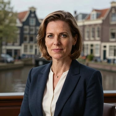 Professional headshot of a female associate lawyer in a classic Dutch canal house office, natural directional light, soft focus background.