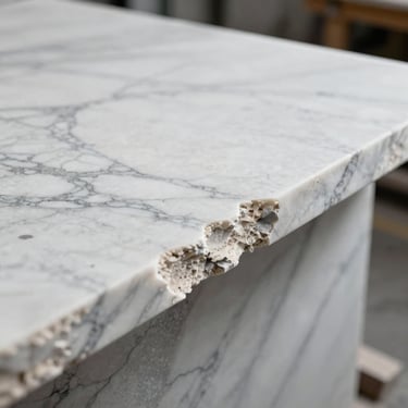 Macro shot of white Carrara marble slab, showing continuous grey veins, polished surface contrasting with raw chiseled edge, sharp focus