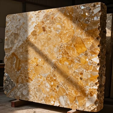 Detail of Taj Mahal quartzite slab, warm amber tones, crystalline texture under dramatic side-lighting, sharp details