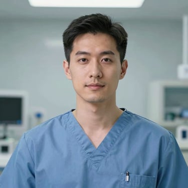 Professional headshot of a male clinical instructor, clean lighting, hospital simulation lab background, wearing clinical scrubs.