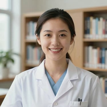 Professional headshot of a female pediatric nursing specialist, bright natural lighting, medical library background, smiling professionally.