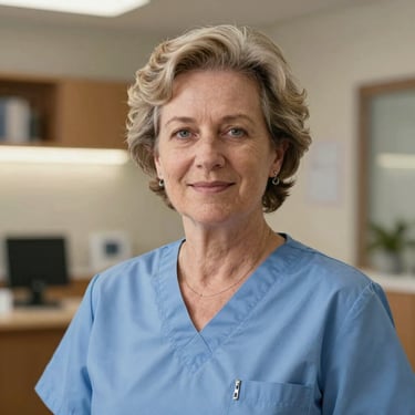 Professional headshot of a senior nursing professor, warm lighting, clinical office setting, wearing professional academic scrubs.