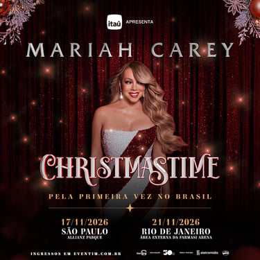 Cartaz da turnê brasileira "Mariah Carey’s Christmas Time". Mariah Carey aparece deslumbrante.