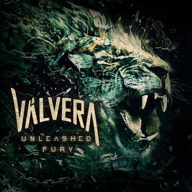 Arte da capa do disco Unleashed The Fury da banda Valvera em tom de verde com um animal em destaque